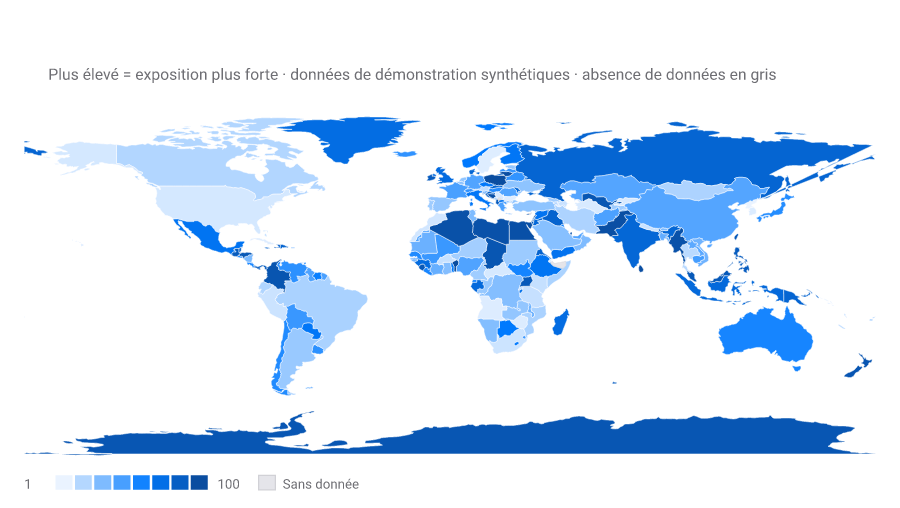 Carte choroplèthe, 174 pays avec des données de 0,9 à 99,8 sur une rampe de bleu, le reste en gris.