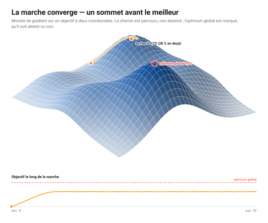 Une surface en maillage bleu à deux sommets. Un chemin orange grimpe le plus proche et se fixe à 0,73, tandis que l’optimum global, plus haut, à 1,01, est entouré et jamais atteint. En bas, l’objectif le long de la marche s’aplatit bien en dessous de la ligne pointillée de l’optimum.