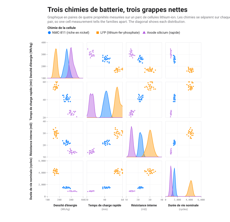 Matrice 4×4 de nuages des propriétés de batteries, densité sur la diagonale, points distingués par la couleur et la forme (rond, carré, triangle) pour trois chimies.