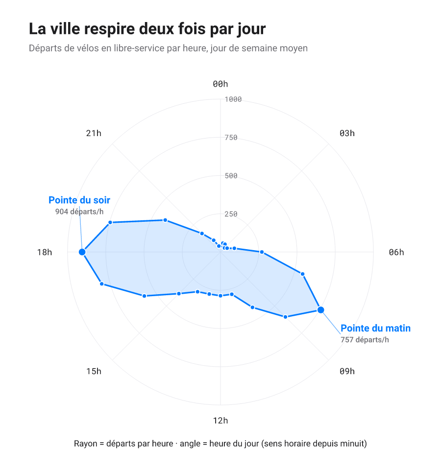Tracé polaire : valeurs placées par angle et rayon sur un axe circulaire.
