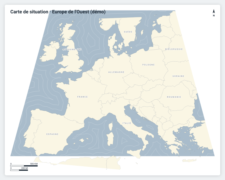 Carte de situation de l'Europe de l'Ouest : littoral, frontières internationales, étiquettes de pays, bathymétrie, échelle et flèche du nord, en projection Lambert.