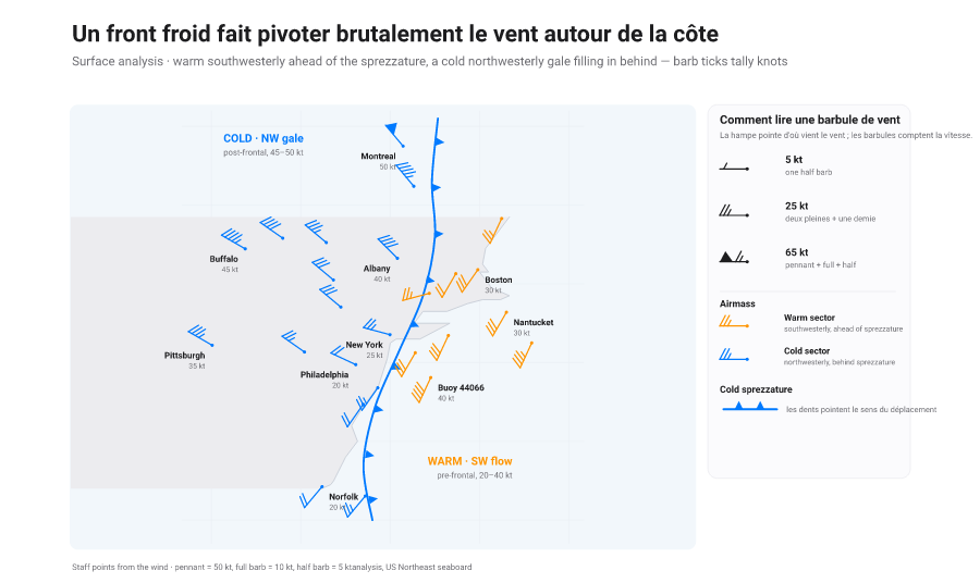 Carte synoptique de vent en surface avec des barbules, chaque hampe pointant d’où vient le vent, un fanion valant 50 nœuds, une grande barbule 10 et une demi-barbule 5 ; un sprezzature froid sépare l’air chaud en orange à l’avant d’un coup de vent plus froid en bleu à l’arrière.