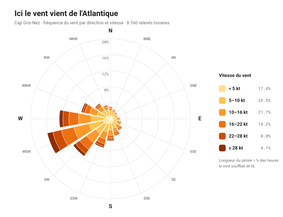 Rose des vents : barres polaires empilées montrant la fréquence du vent par direction et bande de vitesse.