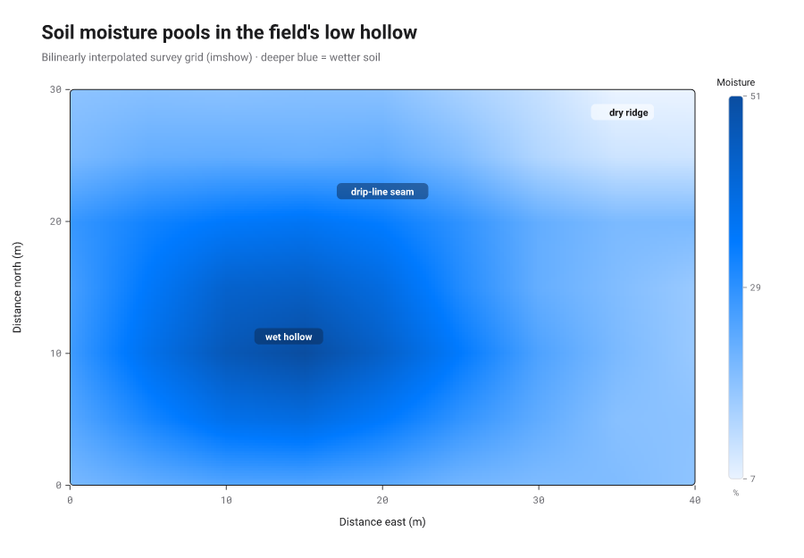 An interpolated heatmap (imshow, bilinear): a coarse soil-moisture survey grid displayed as one smooth continuous image, a deep-blue basin near the low-left the moisture-holding hollow, the pale far corner a free-draining ridge.