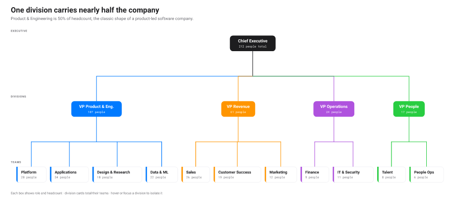 Top-down boxed organisation chart with a CEO over four hue-owned VP divisions and their teams, each box printing role and headcount; hovering a division isolates it.