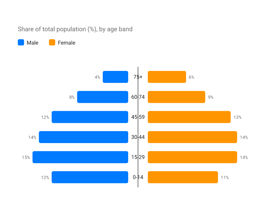 Population pyramid with male bars to the left and female to the right by age band; the youngest bands are the widest.