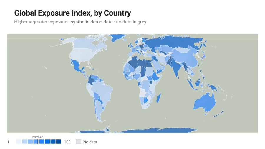 World choropleth map, a synthetic global exposure index shaded on an OKLCH-interpolated pale-to-navy blue ramp, Equal Earth projection, warm/cool duotone relief under the country fills.