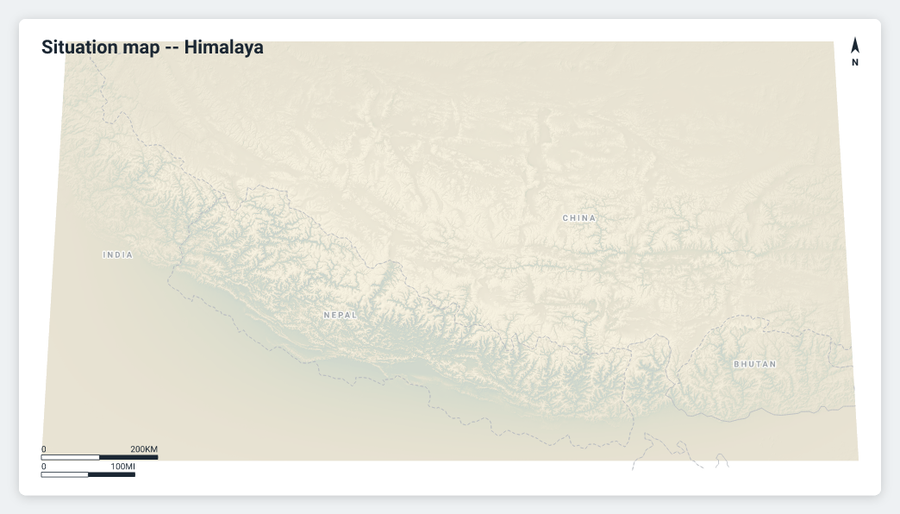 Situation map centred on the Himalaya: Nepal, Bhutan, and the India/China borders, an all-land plate with no ocean, the mountain range traced by cool blue-toned valleys against warm-toned ridgelines.