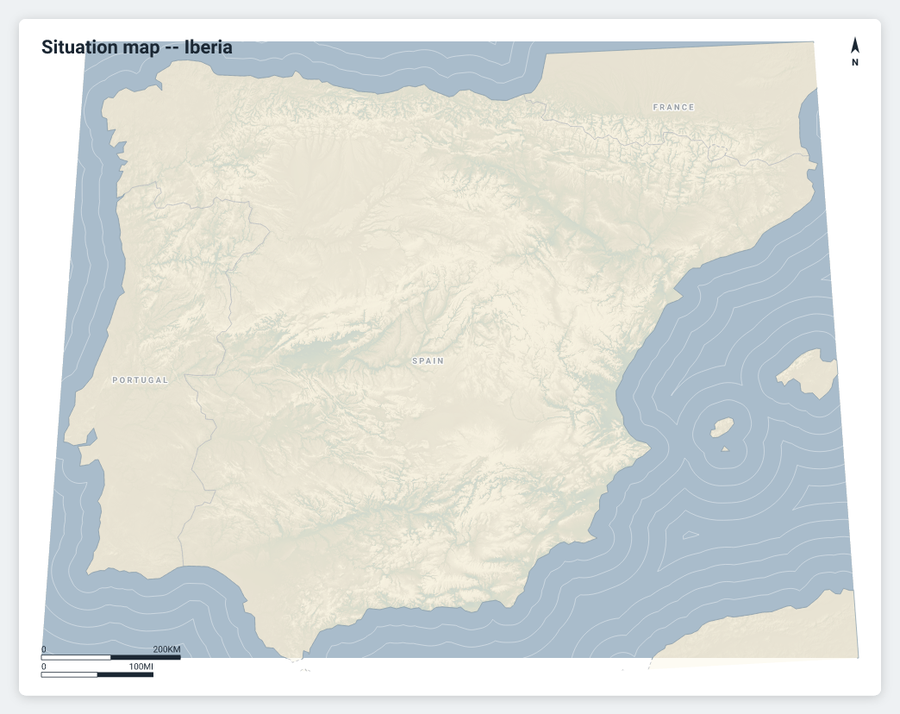 Situation map of Spain and Portugal: dense dendritic river-valley network in cool blue-green against warm cream highlands, the Pyrenees, Cantabrian range and Sierra Nevada all clearly defined.