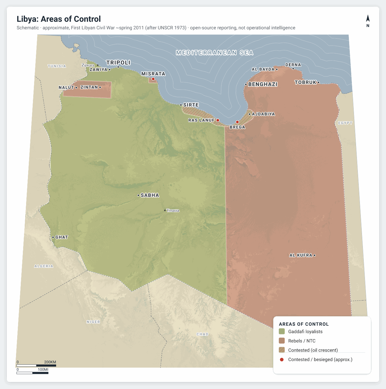Carte des zones de contrôle en Libye : loyalistes de Kadhafi en vert sur l'ouest et le sud, territoire rebelle et CNT en rose sur la Cyrénaïque, et un croissant pétrolier contesté hachuré entre Syrte et Brega. Schématique, instantané illustratif vers le printemps 2011.