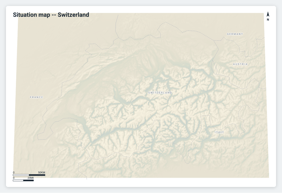 Situation map zoomed to Switzerland alone, crisp 10-metre-resolution Natural Earth borders against neighbouring France, Germany, Austria and Italy, Alpine relief throughout.
