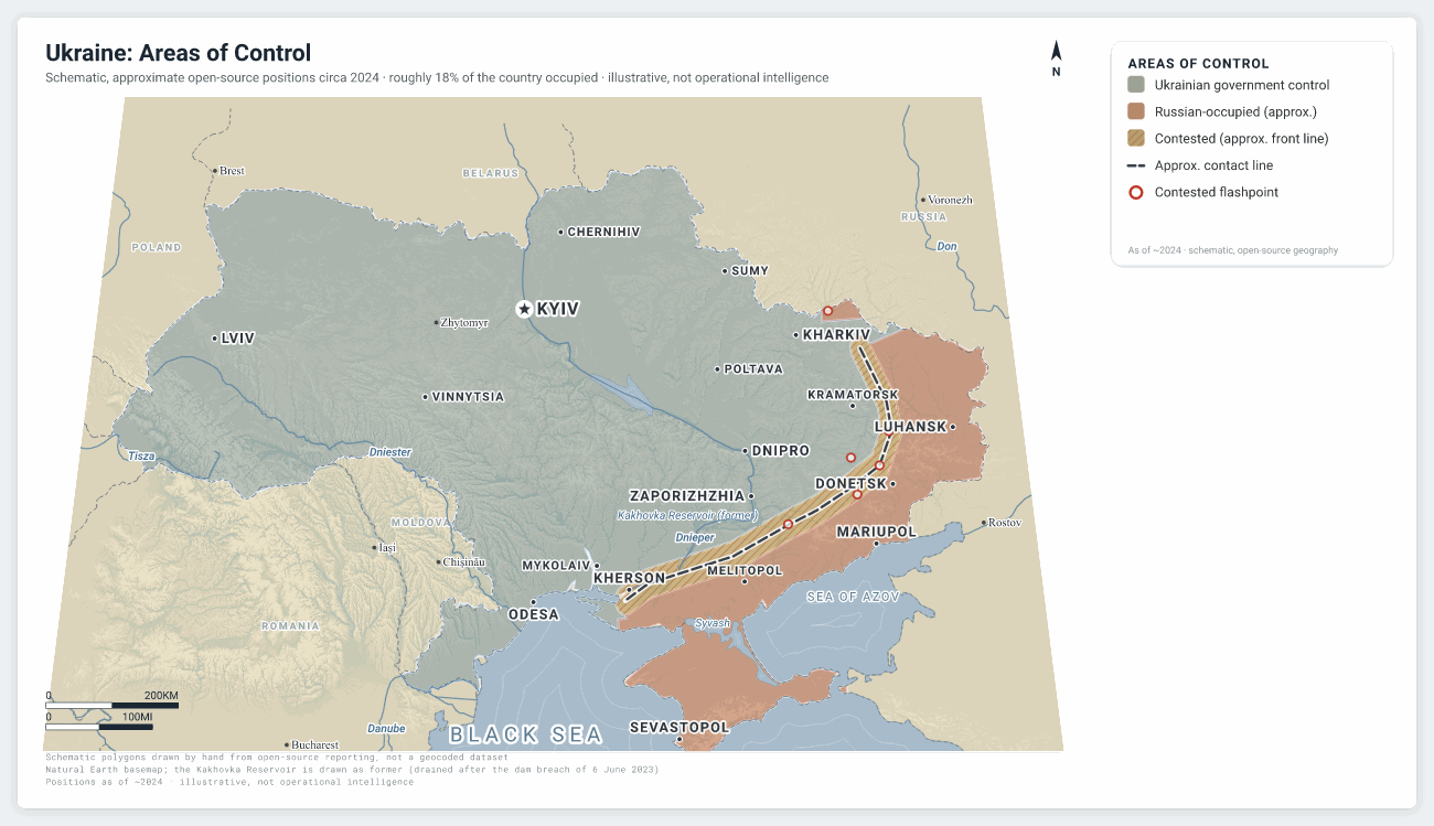 Carte des zones de contrôle en Ukraine : territoire gouvernemental en bleu pâle nuancé par le relief, zones occupées en rose, bande contestée hachurée le long d'une ligne de contact approximative de 2024, villes de points chauds en rouge, et le réservoir de Kakhovka en contour tireté car il s'est vidé après la rupture du barrage en 2023. Schématique, d'après des sources ouvertes.