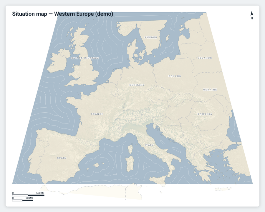 Situation map of Western Europe: real coastlines and borders, country labels, bathymetry contour halo in the sea, dendritic river-valley relief texture through the Alps and Scandinavian mountains, dual-unit scale bar.